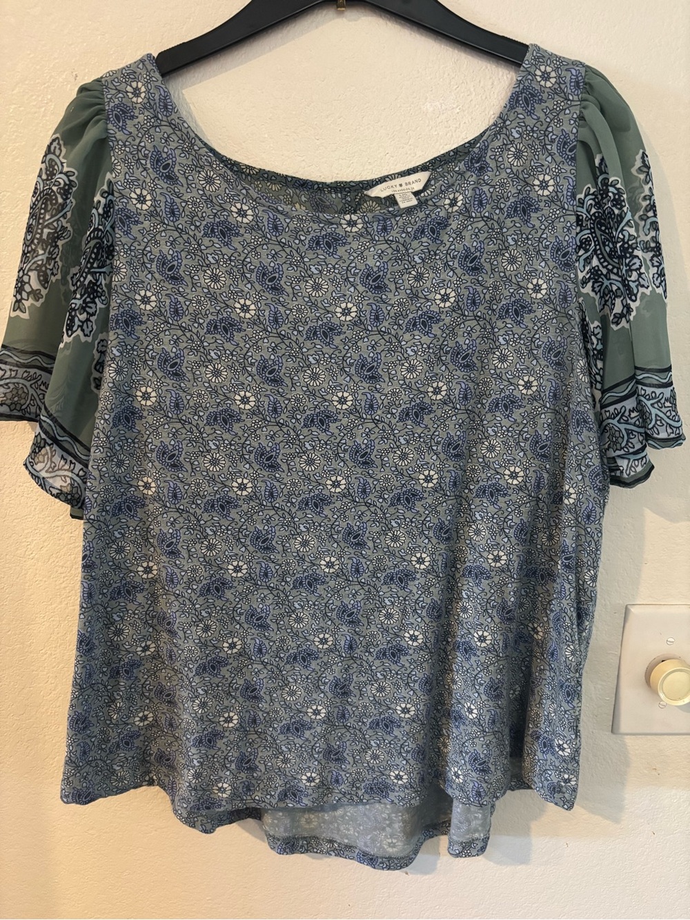 Women’s Lucky Scoop Neck Blouse - Sage Green & Blue, keyhole back detail